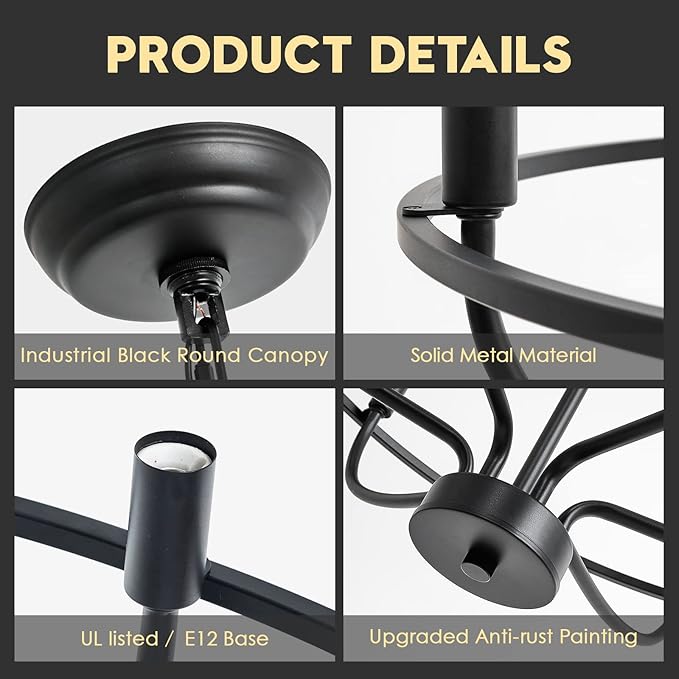 Black Dining Room Light Fixture, 6-Light Farmhouse Black Chandelier for Bedroom Metal Candle Chandeliers Hanging Lighting for Kitchen Living Room Entryway Foyer, 28.54in