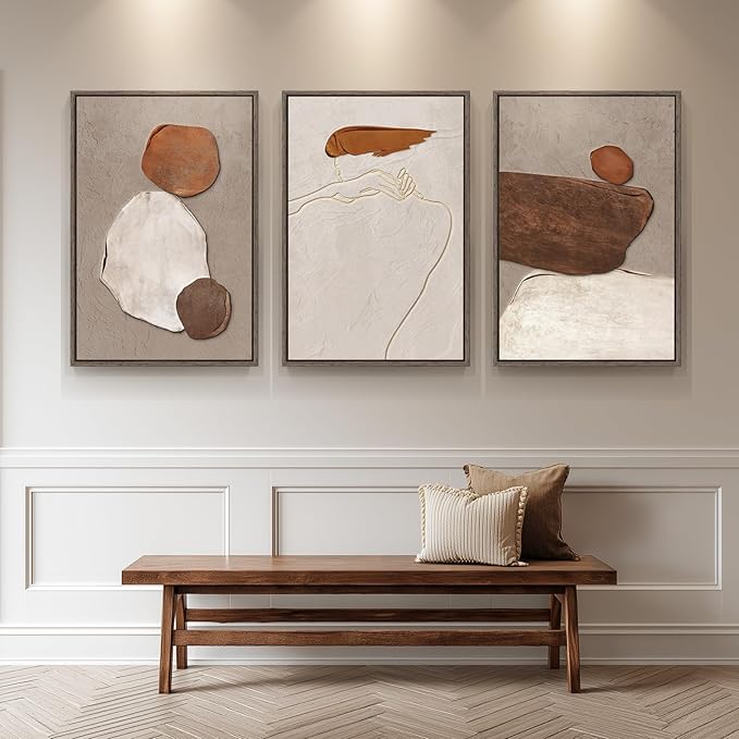 Large Framed Neutral Abstract Wall Art for Living Room, Set of 3 Rustic Beige Brown Canvas Prints Paintings Artwork for Walls, Minimalist Stone Pictures for Hallway Stair Office Wall Decor 24x36 Inch