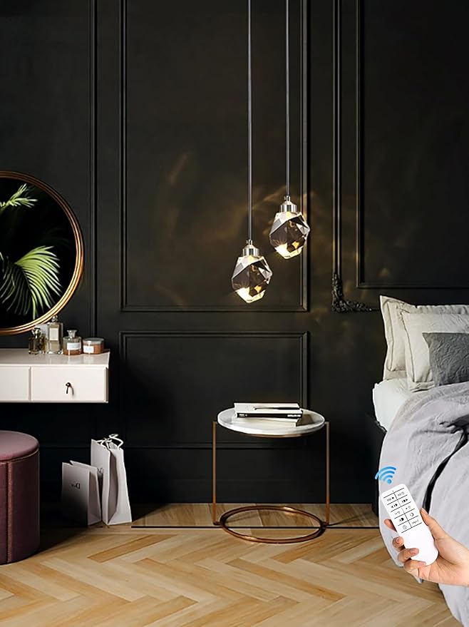 Chrome Crystal Pendant Lights Kitchen Island, Bedroom Bedside Hanging Crystal Ceiling Light, Dimmable 3000k-6000k 1-Light Independent