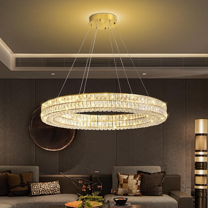 Led 32in Gold Ring Chandelier, Modern Crystal Chandelier Lighting Hanging Ring Adjustable,Round Crystal Ceiling Light Fixture for Living Room Dining Room Bedroom