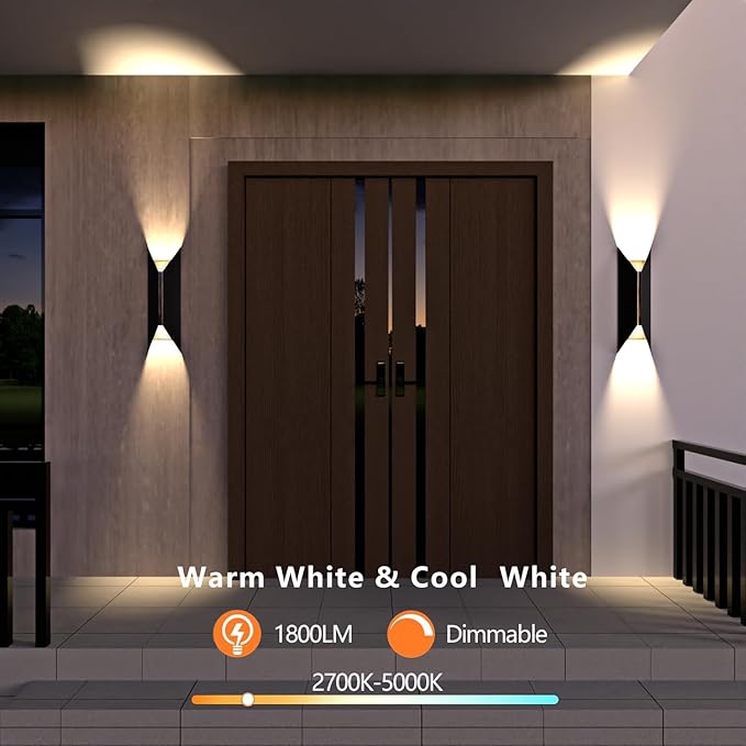 22W Dimmable LED Outdoor Wall Sconce,Modern Up Down Porch Lights 2700K 3000K 3500K 4000K 5000K 5 Colors Changeable,1800 Lumens Outdoor Wall Lights Exterior for House,Garage Door 2 Pack