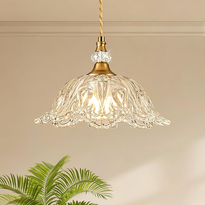 1 Piece Vintage Chandelier Light Fixtures with Crystal Glass Shade,Matte Brass Finish Pendant Light for Kitchen Island, Hanging Light Fixture for Dining Room, Hallway, Living Room, Bedroom
