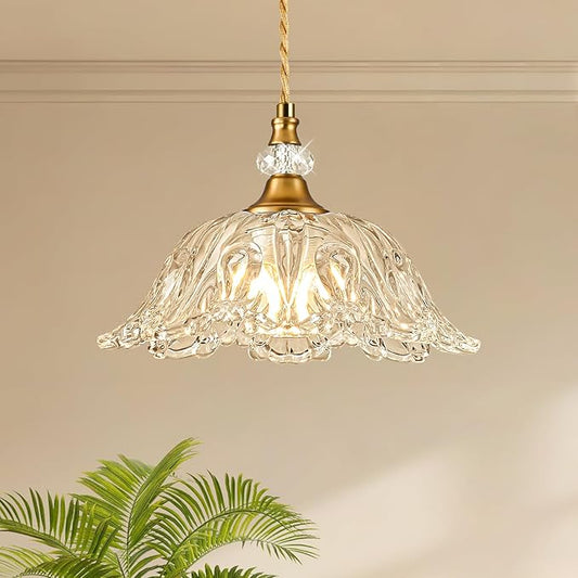 1 Piece Vintage Chandelier Light Fixtures with Crystal Glass Shade,Matte Brass Finish Pendant Light for Kitchen Island, Hanging Light Fixture for Dining Room, Hallway, Living Room, Bedroom