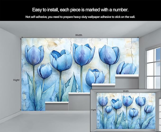 Blue Flowers Mural Wallpaper, Watercolor Flowers Murals, European Simple Wall Art Murals Wallpaper for Living Room Bedroom Home Decor Mural - 137.8" W x 124" H (Not Peel Stick)