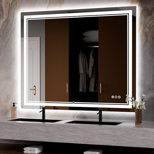 44x36 Inch LED Bathroom Mirror with Lights, Front Light and Backlit Lighted Vanity Mirror, Anti-Fog, Dimmable Memory, Shatterproof, Wall-Mounted