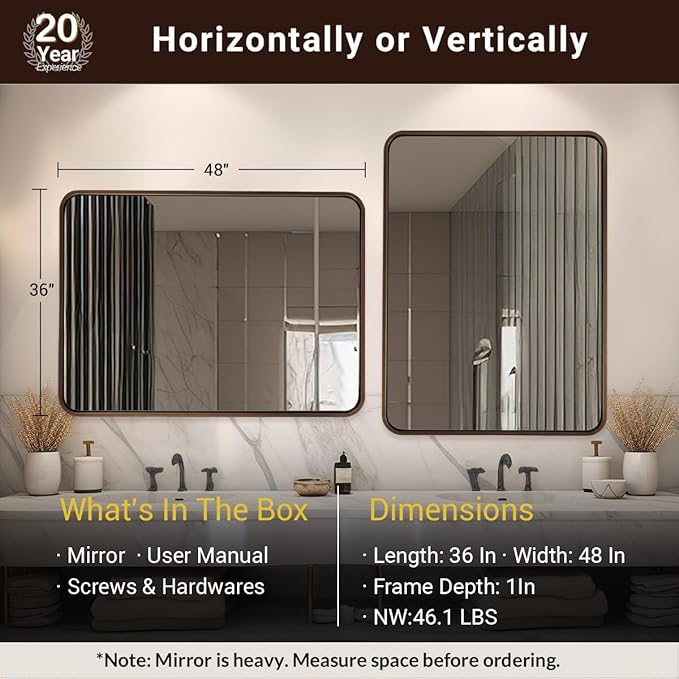ANDY STAR 48x36 Inch Bronze Bathroom Mirror, Rounded Rectangle Oil Rubbed Bronze Mirrors for Bathroom,Tube Metal Framed, 1’’ Deep Wall Mounted Vertically/Horizontal