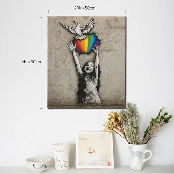 Banksy Street Graffiti Wall Art Rainbow Canvas Wall Decor Love And Peace Pictures Paintings Prints Artwork Framed Modern Decorations For Bedroom Bathroom Office Living Room Gifts 20" x 24"