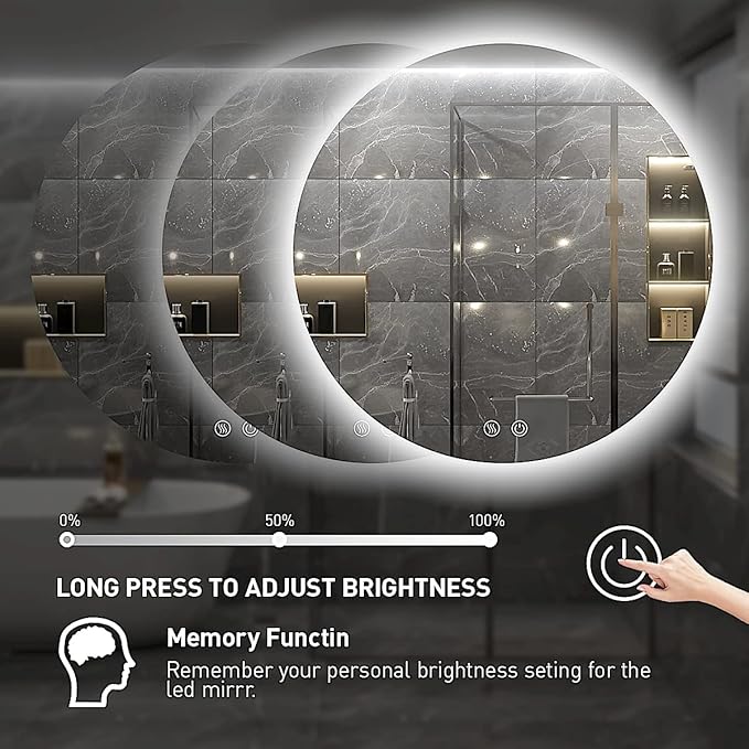 30 Inch Round LED Bathroom Mirror - 6000K Daylight Backlit, Anti-Fog & Dimmable, Frameless Waterproof Mirror with Touch Control, CRI90+, IP54 for Vanity & Makeup