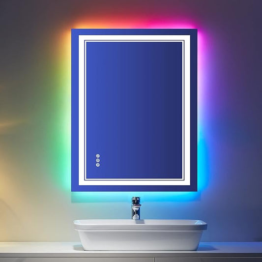 28x36 inch LED Bathroom Mirror RGB Color Changing Backlit Mirror Shatterproof Dimmable Anti-Fog Vanity Mirror with Double Lights (RGB Multicolor Backlit + Adjustable Front-Lighted)