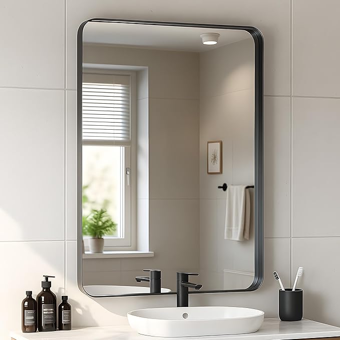 24x36 Inch Bathroom Mirrors Set of 2 for Wall, Black Vanity Mirror for Over Sink, Modern Farmhouse, Rounded Corner, Shatterproof Glass