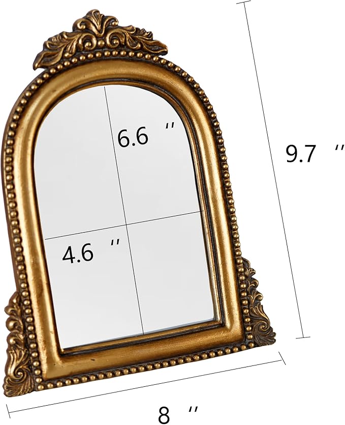 OIGUMR Smaller Vintage Gold Ornate Baroque Mirror Vanity Desk Table Mirror Arched Makeup Mirror with Resin Frame 9.6X6.5 inch