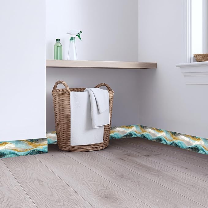 Blue Gold Marble Wallpaper Border 196x4 Inch Peel and Stick Wall Border Self Adhesive Luxury Water Wave Removable Vinyl Trim for Living Room Bedroom Bathroom Kitchen Cabinet Decoration