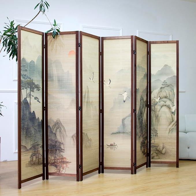 6 Panel Room Divider Screen and Folding Panel Screen,Double Sided Bamboo Divider for Room Separation,Mountains and Waters Landscape,67" H x 94.5" W