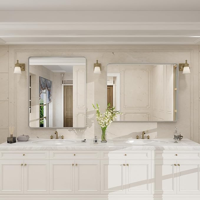 30x36 Brushed Silver Bathroom Mirror, Rounded Rectangle Silver Metal Frame Vanity Mirror for Wall, Brushed Nickel, Anti-Rust, Shatterproof (Horizontal/Vertical)