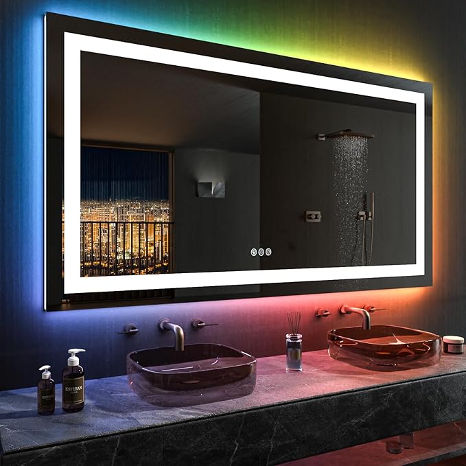 LOAAO 60”X30“ RGB LED Bathroom Mirror with Lights for Bathroom, Anti-Fog, Dimmable，Multiple Light Modes, RGB Backlit + Front Light, Memory Function, Tempered Glass
