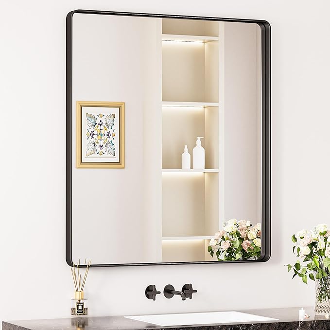 Keonjinn Black Bathroom Mirror for Over Sink, 32 x 36 Inch Rounded Rectangle Bathroom Vanity Mirrors, Matte Black Farmhouse Wall Mirror, Shatterproof HD Tempered Glass, Seamless Aluminum Alloy Frame