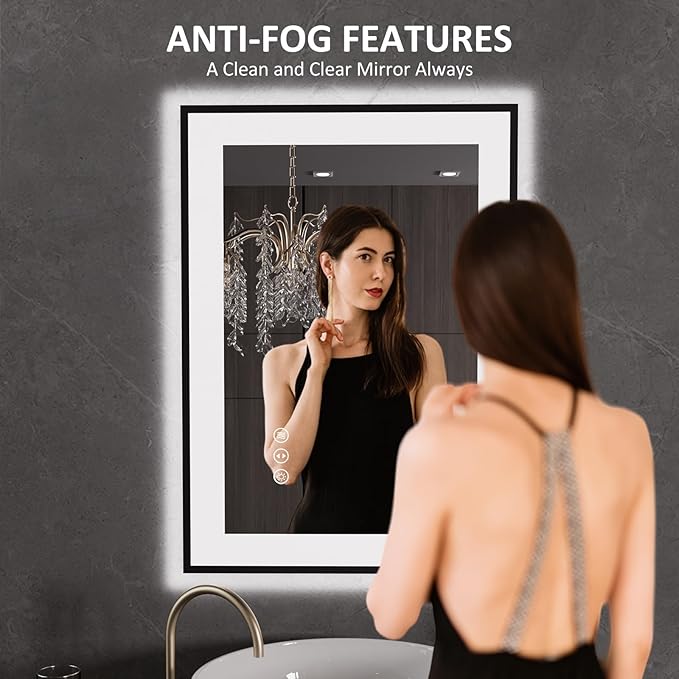 LOAAO 20"X28" LED Bathroom Mirror Black Framed, Anti-Fog, Dimmable, Lighted Bathroom Vanity Mirror for Wall, Memory Function, Tempered Glass
