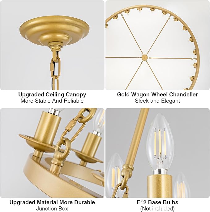 53in Gold Wagon Wheel Chandelier, 24-Light Brass Modern Rustic Large Farmhouse Chandelier Adjustable Height Light for High Ceiling Living Room, Entryways, Foyer, Dining Room