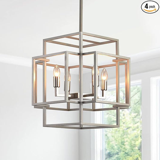 16.5" Modern Chandelier, 4-Light Farmhouse Foyer Lighting Fixtures, Hanging Kitchen Island Pendant Light, Industrial Sliver Lantern Pendant Lights, for Entryway Staircase Hallway
