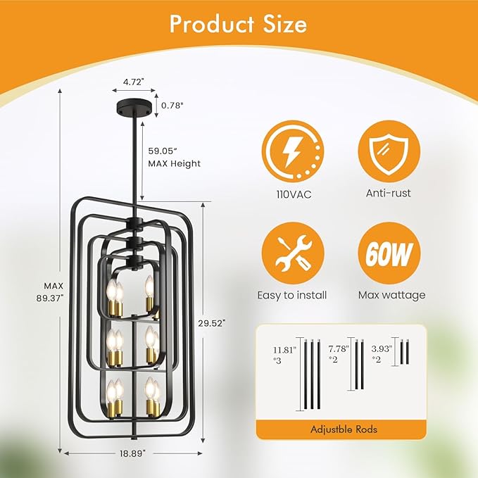 Black and Gold Chandelier, 12-Light Farmhouse Chandelier for Entryway, Modern Foyer Lighting Fixtures, Foyer Chandeliers for High Ceilings, Hanging Pendant Lights for Living Room, Staircase, Entry