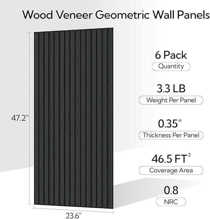 Olanglab Wood Veneer Acoustic Wall Panels 6 Pack, 23.6"×47.2" Sound Absorbing Wall Panels for Interior Wall Decor, Matte Black