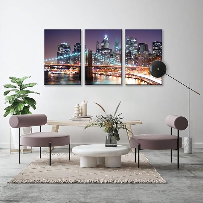 NAN Wind 3Pcs New York City Skyline Canvas Wall Art Brooklyn Bridge Night View Framed Wall Decor Blue Purple Manhattan Urban Cityscape Picture Canvas Artwork Modern Home Decor Living Room Office
