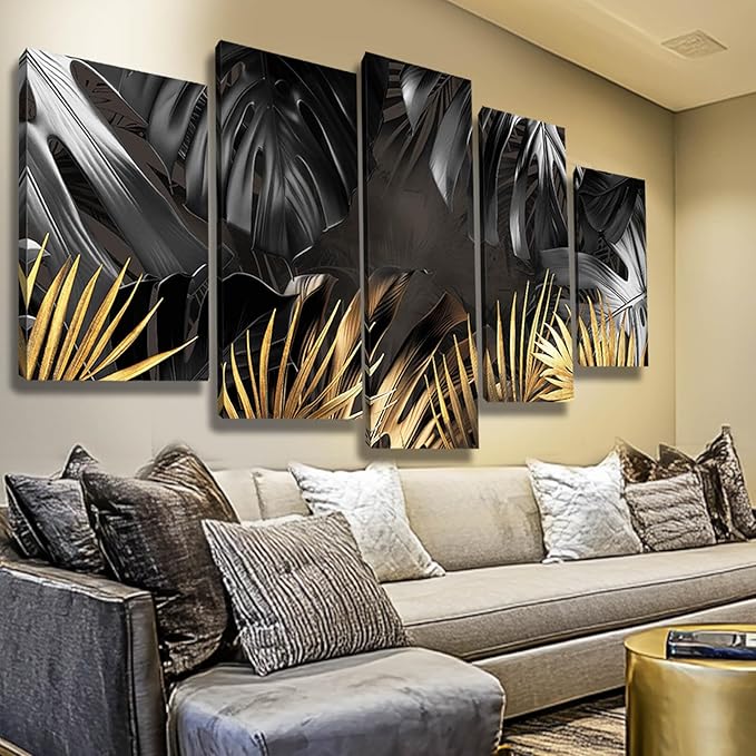 Black and Gold Leaves Painting Wall Decor for Living Room Nature Canvas Art Modern Artwork Framed Prints for Home Bedroom Picture Poster 5 Pieces Ready to Hang (12"x20"x2pcs+12"x28"x2pcs+12"x32")
