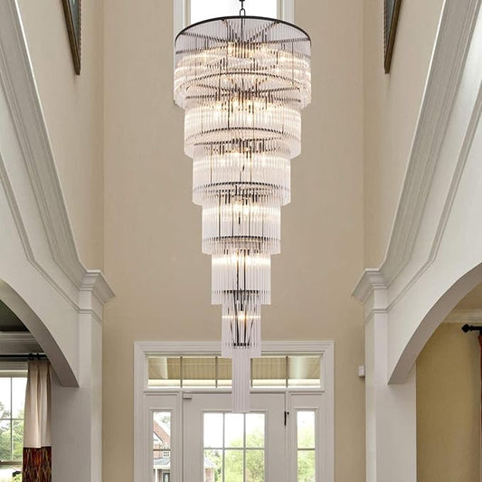 Large Black Chandeliers H71 Modern High Ceiling Chandelier 7-Tier Glass Chandelier Foyer Entryway Ceiling Light Fixture for Staircase Grand Living Room Entry Extra Long