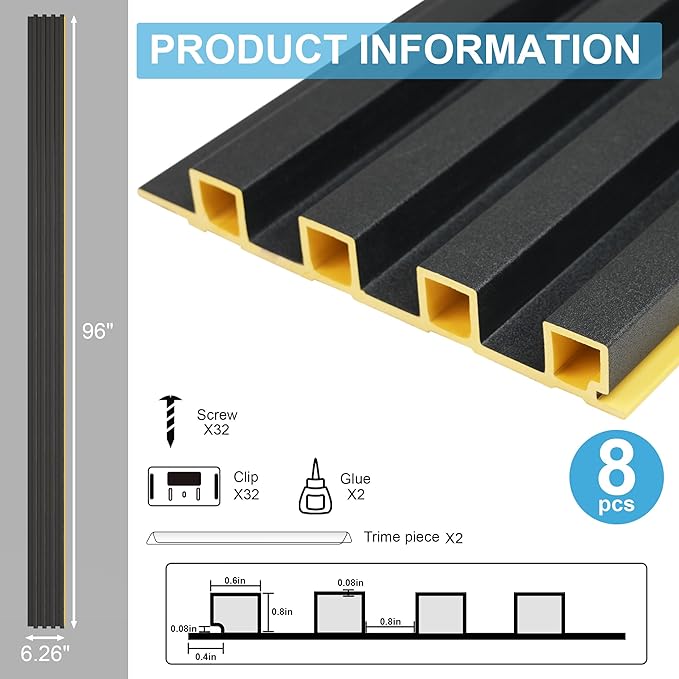 8-Pack WPC Slat Wall Panels - 3D Wall Panels, Water-Proof and Easy Installation, Accent Slat Wall Paneling for Living Room, Office,Black, 96 x 6.6 Inch