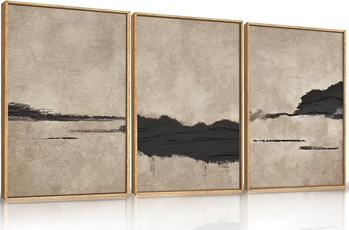 Large Abstract Black and Tan Framed Canvas Wall Art,Vintage Minimalist Wall Decor,Neutral Brush Stroke Artwork,Modern Textured Art Print for Living Room,Bedroom,Office- 16"x24"x3