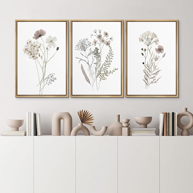 MUDECOR Framed Canvas Print Wall Art Watercolor Wildflower Art Print, Floral Botanical Prints, Minimalist Art, Modern Farmhouse for Bedroom - 16"x24"x3 Natural