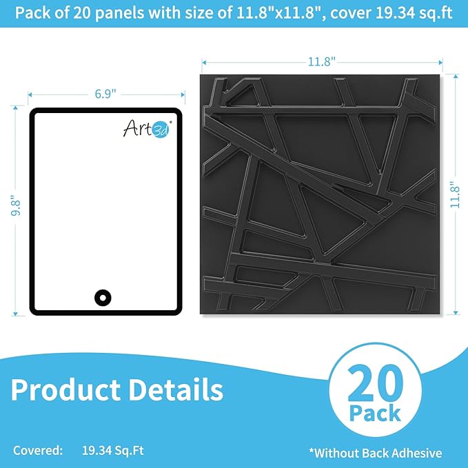 Art3d 20 Pack Decorative 3D Wall Panels, 19 Sq.Feet PVC Interior Wall Décor, 11.8"x11.8", Black