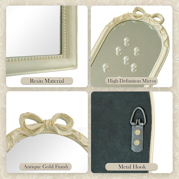 Light Luxury Girly Bowknot Vanity Mirror, French Vintage Bathroom Mirror for Over Sink/Wall, Decorative Espejos para Baños for Bedroom & Bath (Bow-Yellow Gold, 15" L x 22" W)