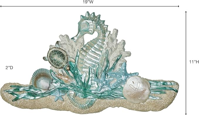 Coastal Seahorse and Sea Turtle Wall Art Plaque | Handpainted Pearlescent Metallic Ivory, Cool Blue, & Green Hues | Ocean Sealife, Coral Reef, and Seashells on Textured Sand Decorative Wall Sculpture
