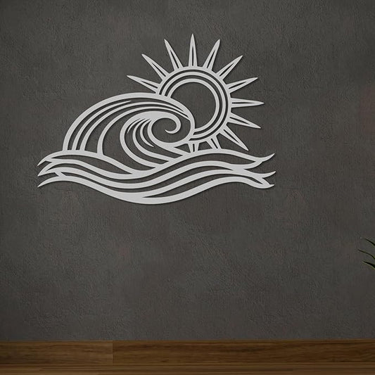 Wita Home Ocean Wave Metal Wall Art, Sun Beach Decor, Coastal Large Wall Sculpture for Home, Indoor/Outdoor Use, Nautical Wall Hanging, Eye-Catching Addition to Living Room (Silver, 32 x 19 inches)
