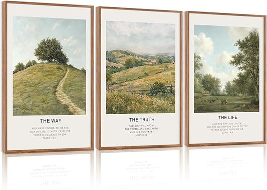 LHIUEM Christian Bible Verse Framed Canvas Wall Art,Vintage Jesus Wall Decor,Religious Scripture Landscape Painting,Natural The Way The Truth Artwork for Living Room,Bedroom,Dining Room -16"x24"x3