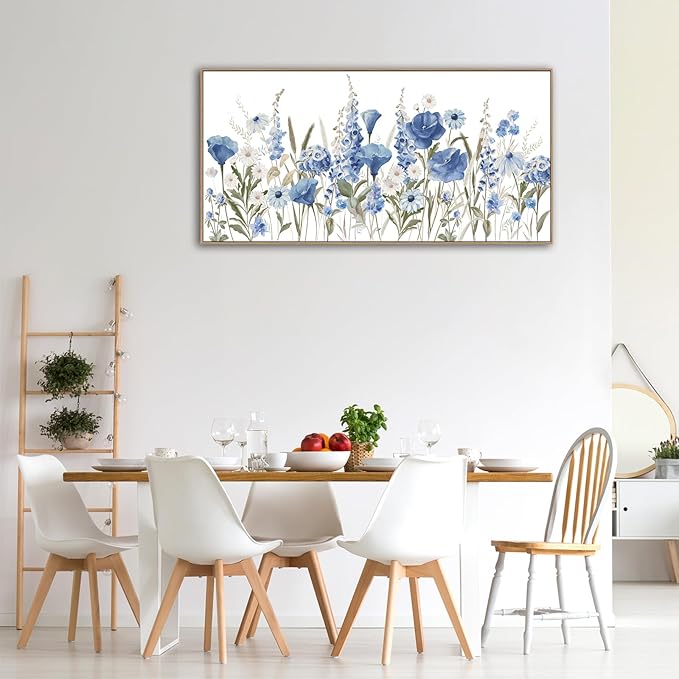 arteWOODS Elegant Flowers Framed Wall Art - Blue White Botanical Pictures for Wall Decor Floral Blossom Canvas Painting Print Artwork for Living Room Bedroom Home Office Wall Decoration 20" x 40"