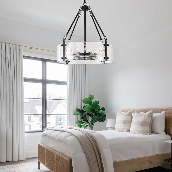 Black Dining Room Chandelier 20” Modern Textured Glass Chandelier 6-Light Drum Crystal Light Fixture Vintage Farmhouse Round Hanging Lighting for Kitchen Island Over Table