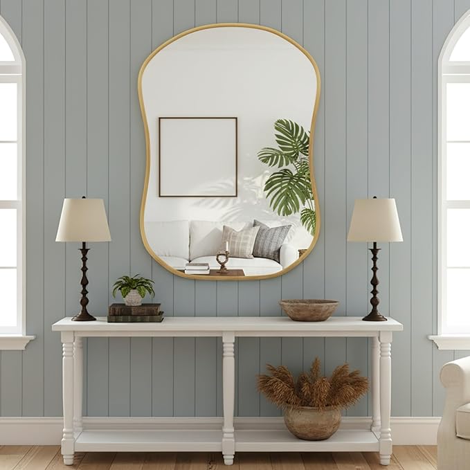 Asymmetrical Wall Mirror 24 * 32 Gold Irregular Abstract Shatter-Proof Aluminum Alloy Decorative Wavy Framed Makeuop Mirrors for Bathroom, Bedroom, Cloakroom, Entryway