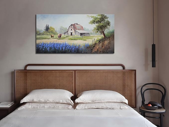 Arjun Farmhouse Canvas Wall Art Farm Highland Cow Landscape Picture Rustic Countryside Barn Painting Village Nature Artwork Large 40"x20" Framed for Living Room Bedroom Bathroom Home Office Wall Decor