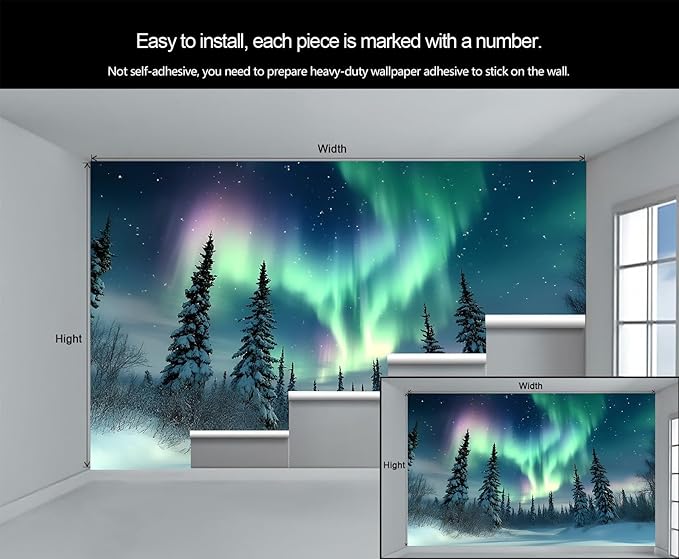 Aurora Borealis Mural Wallpaper, Starry Forest Murals, 3D Forest Landscape Murals Wallpaper for Living Room Bedroom Home Decor Mural - 137.8" W x 109" H (Not Peel Stick)