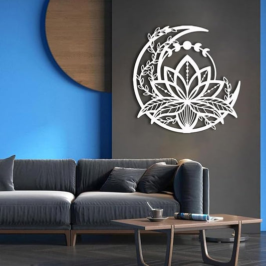 Metal Lotus Flower Wall Art - Extra Large Lotus Moon Metal, Moon Phase Outdoor Decor, Zen Wall Art for Bedroom, Living Room, Yoga Room (White, 30x30in|76x76cm)
