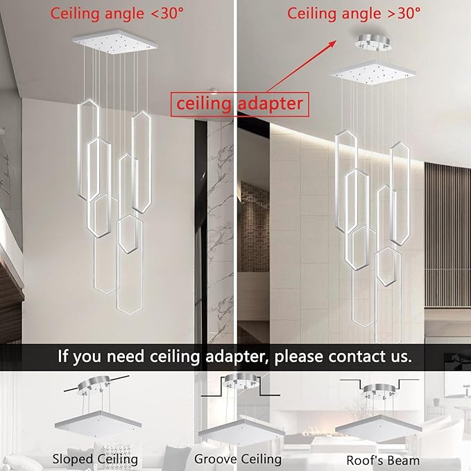 6 Rings Modern Chandelier LED Dimmable Pendant Lighting Adjust Flush Mount Ceiling Light for Foyer Lobby Living Room Staircaes Sliver 78.7''