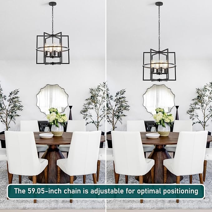 6-Light Black Farmhouse Chandelier for Dining Room, 19'' Modern Industrial Metal Cage Adjustable Hanging Pendant Light for Kitchen Island, Entryway, Hallway, Bedroom