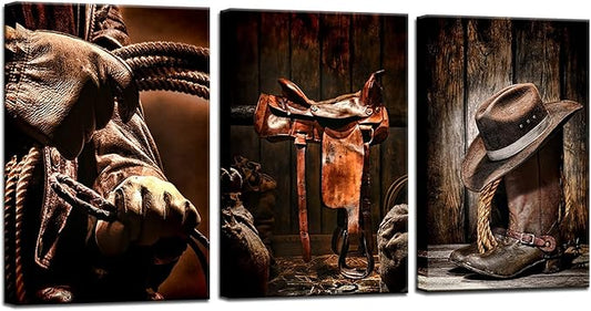 Biuteawal - 3 Pieces Canvas Prints American West Rodeo Cowboy Wall Art Painting Brown Straw Hat on Leather Rancher Roper Boots Picture on Canvas Vintage Artwork Stretched for Home Office Decoration