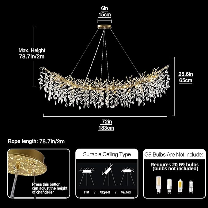 Modern Crystal Gold Chandelier,72" Large Rectangular Chandeliers for Dining Room, Tree Branch Crystal Lving Room Chandelier,Dining Room Over Table Chandeliers,Fixture Height-Adjustable