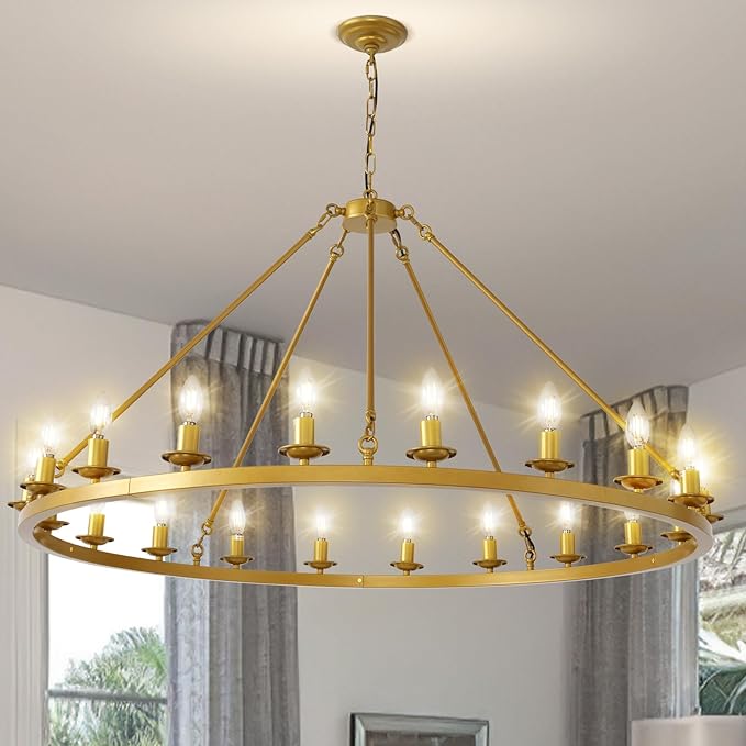 48" Gold Wagon Wheel Chandelier, 20 Light Farmhouse Large Brass Chandelier Round Modern Rustic Industrial Adjustable Height for High Ceiling Living Room, Entryways, Foyer, Dining Room