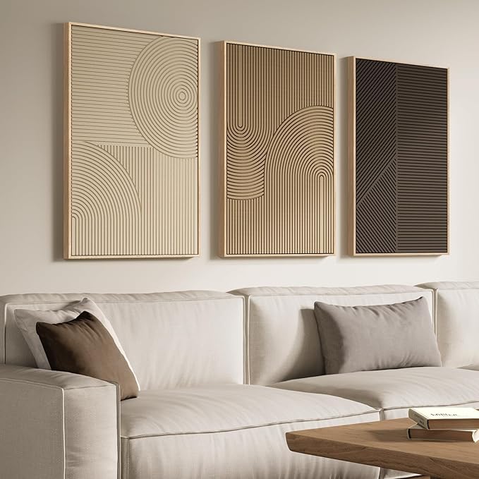 Large 3D Textured Framed Boho Neutral Abstract Wall Art for Living Room, 3 Piece Modern Artwork for Walls, Minimalist Beige Brown Tan Geometric Paintings for Hallway, Stair, Office Wall Decor 24x36 In