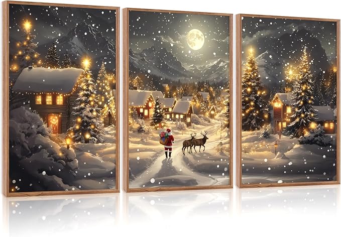 CHDITB Christmas Village Wall Art Set Of 3, Santa Claus and Reindeer Wall Decor, Moonlit Winter Artwork, Xmas Snowy Landscape Painting, Vintage Christmas Decor for Living Room Bedroom Fireplace 16"x24"