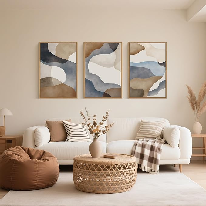 Large Abstract Watercolor Block Framed Canvas Wall Art,Colorful Neutral Geometric Wall Decor,Beige Blue and Brown Artwork,Modern Minimalist Line Art Print for Living Room,Bedroom- 24"x36"x3